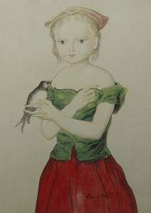 Art hand Auction Leonard Foujita Girl with a Bird, Popular works, Rare art books and framed paintings, Comes with a new Japanese frame, In good condition, free shipping, Painting, Oil painting, Nature, Landscape painting