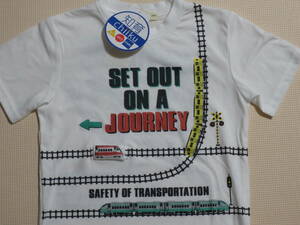 新品 130 電車柄 知育 半袖Tシャツ 新幹線風 背中プリント 線路 平面交差 踏切 信号機 鉄道 プラレール風 車両 男の子 120cm～ 送料無料