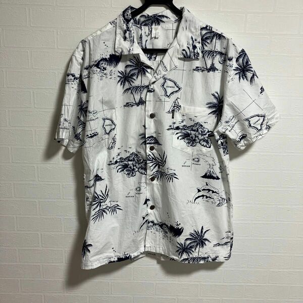 ハワイアン アロハシャツ メンズ ホワイト ヤシの木 イルカ ハイビスカス 半袖シャツ 開襟 アメカジ オープンカラー 古着