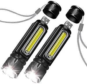 2本USB充電式懐中電灯、ミニ 高輝度 ハンドヘルドライト COB作業灯付 大容量 リチウム電池内蔵、マグネット付 ズーム可能 合