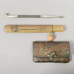  pipe cigarettes inserting coral sphere netsuke K18. stamp equipped 