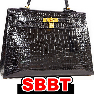 エルメス　ケリー35　外縫い　黒　クロコダイル ポロサス　G金具　□H刻印 ケリー 35 ブラック Black HERMES 本物 sbbt