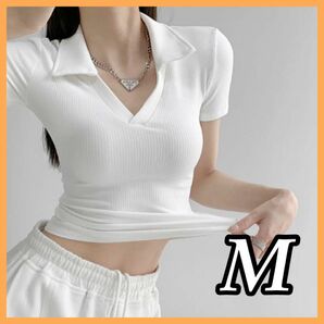 ポロシャツ　カジュアル シャツ レディース　ルームウエア　Ｔシャツ　 白 半袖 ホワイト　M
