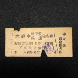 【8994】(地下鉄線)大森→地下鉄銀座線各駅 乗車券 硬券 国鉄 鉄道 古い切符