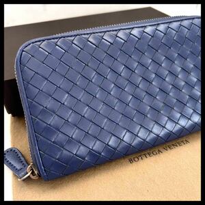 ★【極美品！希少！】 BOTTEGA VENETA ボッテガヴェネタ イントレチャート 長財布 ラウンドファスナー　青系　定価7.8万 74