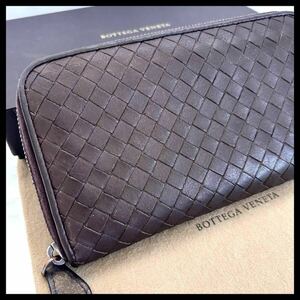 ★【極美品！希少！】 BOTTEGA VENETA ボッテガヴェネタ イントレチャート 長財布 ラウンドファスナー　ダークブラウン 定価7.8万 181