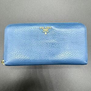 極美品/希少●PRADA プラダ ゴールドロゴ 長財布 ラウンド ウォレット ヴィッテロ レザー シボ革 ブルー 青 メンズ レディース 水色 ジップの画像2