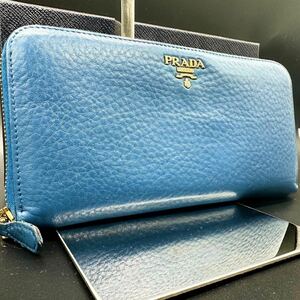 極美品/希少●PRADA プラダ ゴールドロゴ 長財布 ラウンド ウォレット ヴィッテロ レザー シボ革 ブルー 青 メンズ レディース 水色 ジップ