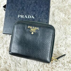 美品● PRADA プラダ 二つ折り財布 ブラック シボ革 ゴールドロゴ ユニセックス メンズ レディース
