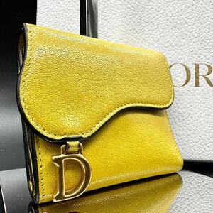 Christian Dior クリスチャンディオール 三つ折り財布 イエロー Wホック サドル レディース