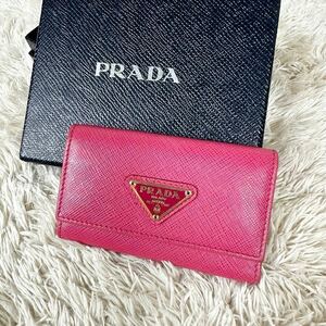 美品/正規品●PRADA プラダ サフィアーノレザー 本革 6連 キーケース 鍵入れ レディース ピンク系 AT8645 トライアングルロゴ 金具 