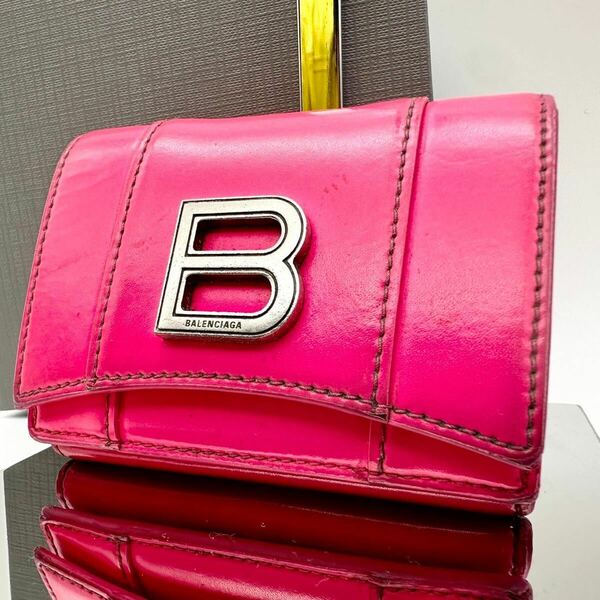 BALENCIAGA バレンシアガ 三つ折り財布 ピンク アワーグラス Bロゴ レディース レザー コンパクトウォレット