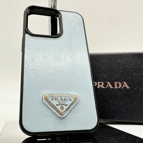 PRADA プラダ iPhoneケース iPhone13Pro ライトブルー 三角ロゴ ユニセックス メンズ レディース レザー