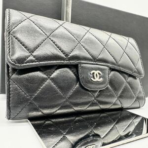 CHANEL シャネル 長財布 フラップ ブラック ラムスキン シルバーロゴ レディース レザー フラップ