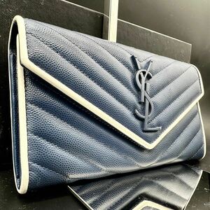 Yves Saint Laurent イヴサンローラン Saint Laurent サンローラン 長財布 ブルー YSL キャビアスキン Vステッチ レディース フラップ