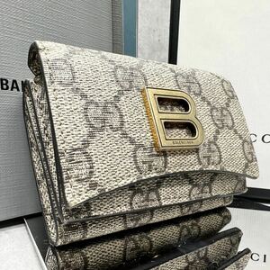 BALENCIAGA×GUCCI バレンシアガ×グッチ 三つ折り財布 ベージュ コラボ アワーグラス GGスプリーム ユニセックス メンズ レディース