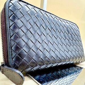 美品● BOTTEGAVENETA ボッテガヴェネタ 長財布 イントレチャート ラウンドファスナー メンズ ブラウン ジップ ビジネス レザー 本革