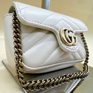 美品● GUCCI グッチ ミニバッグ ハンドバッグ ベージュ GGロゴ マーモント レディース コンパクト ショルダーバッグ レザー