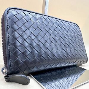 美品● BOTTEGAVENETA ボッテガヴェネタ 長財布 ラウンドファスナー ダークブラウン イントレチャート メンズ ジップ レザー ビジネス