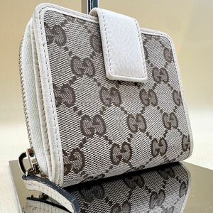 美品● GUCCI グッチ 二つ折り財布 ベージュ ホワイト キャンバス レザー GG柄 レディース コンパクトウォレット ジップ