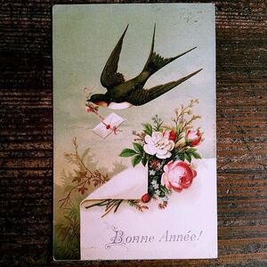 花(20)G11◆薔薇 ばら バラ つばめ ツバメ アンティークポストカード フランス ドイツ イギリス
