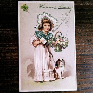 イラスト (19)◆P45 エンボス 子供 少女 犬 アンティークポストカード フランス