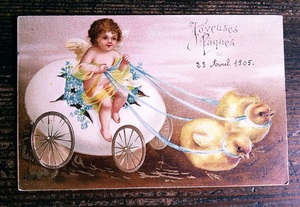 イラスト (7)◆P45 エンボス Ellen Clapsaddle クラップサドル 子供 天使 ヒヨコ イースター アンティークポストカード フランス