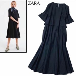 ZARA ザラ シャツ ワンピース ドレス オーバーサイズ ミディ丈 黒 ブラック Aライン フレア 半袖 