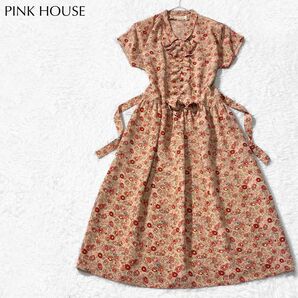 PINK HOUSE ピンクハウス フラワー 花柄 Aライン フレア ワンピース ピコフリル リボン ベルト ロング
