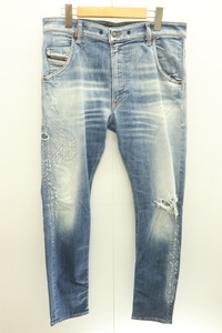 【中古】 DIESEL メンズデニムパンツ W32×L32 KROOLEY JOGG DIESEL W32×L32 青 ブルー ダメージ加工