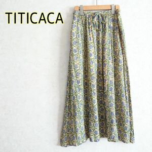 TITICACAチチカカ★涼しげ楊柳レーヨン　シボ加工　しわ加工　プリーツ　花柄マキシ丈ロングスカート　総柄イエロー　ウエストゴム