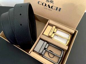 新品正規品コーチCOACH 3点セット ペブルレザーリバーシブル/カット調節可能 フリーサイズベルト ( 黒×茶 )専用ギフト箱付き
