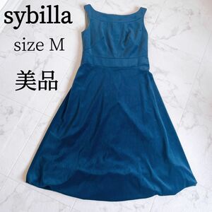 sybilla シビラ ノースリーブワンピース Aライン フリル ベロア 美シルエット 上品 高級感 パーティードレス M