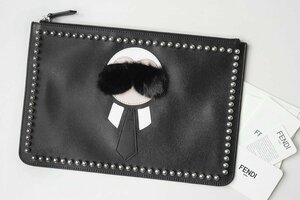 ★未使用 FENDI ◆ カールラガーフェルド クラッチバッグ 黒 レザー スタッズ ポーチ フェンディ ◆DF13