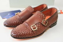 美品★ SANTONI サントーニ ◆ ダブルモンク ウーブンアッパー メッシュ レザー ローファー 茶 ブラウン UK5 (約24cm) ドレスシューズ ◆1_画像1