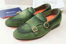 極美品★ SANTONI サントーニ ◆ MANOTA ダブルモンク スエード レザー ローファー UK4.5 (約23.5cm) グリーン ドレスシューズ 靴 ◆2/_画像1