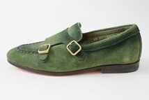 極美品★ SANTONI サントーニ ◆ MANOTA ダブルモンク スエード レザー ローファー UK4.5 (約23.5cm) グリーン ドレスシューズ 靴 ◆2/_画像2