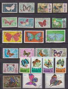 世界の切手　蝶、トンボ、バッタ、昆虫いろいろ　９０種(未・済)以上