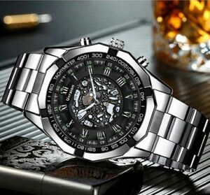 新品 彫スケルトンUnraion 腕時計メンズ ラグジュアリーステンレス 黒