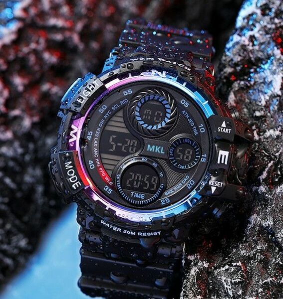 T0461 新品 LED デジタル多機能 メンズ レディース 腕時計 黒/レインボー