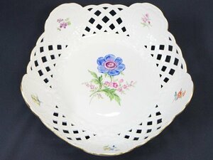 希少品・美品【Meissen マイセン】透かしボウル 23cm ベーシックフラワー フラワーブーケ 2つ花 二つ花 バスケット プレート 491g