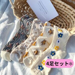 ソックス 靴下 クルーソックス レトロ 花柄 北欧 韓国 おしゃれ 刺繍 無地 クルー丈