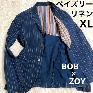 【爽やか】1円!BOB ボブ ZOY ゾーイ テーラードジャケット マルチストライプ インディゴ 50/XL相当 リネン 大きいサイズ ペイズリー 本切羽