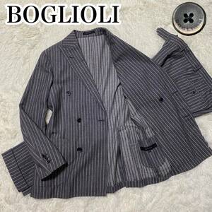 【希少】ボリオリ BOGLIOLI セットアップ スーツ ダブルブレスト チョークストライプ イタリア ジャケット 上下 グレー 42 高級感 ITALY