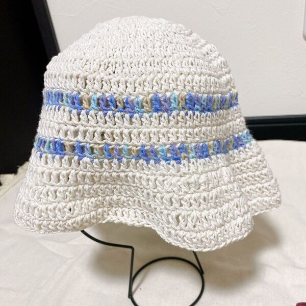 ハンドメイド キッズ 帽子 ハット 夏 コットン ブルー 手編み