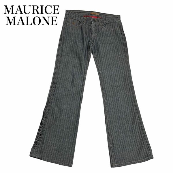 MAURICE MALONE　モーリスマローン　サイドプリーツ　フリル　ヘリンボーン　ブーツカット　フレア　デニム　ジーンズ　刺繍