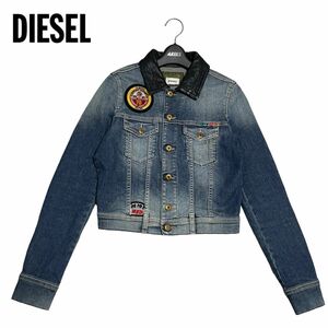 美品　DIESEL　ディーゼル　レザー　牛革　切り替え　ワッペン付き　デニムジャケット　Gジャン　ユーズド加工　ヴィンテージ加工