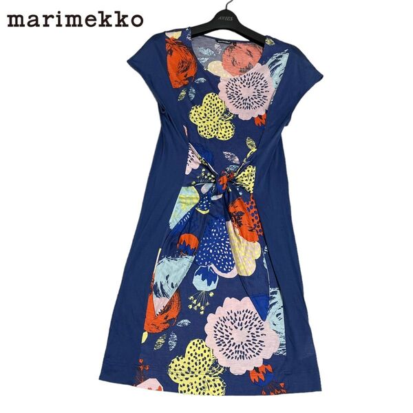 美品 marimekko マリメッコ フレンチスリーブ ウエストリボン 総柄 ジャージー素材 ストレッチ ワンピース 2way