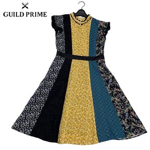 美品 GUILD PRIME ギルドプライム フラワーブロッキングドレス ワンピース レース サイドジップ ビジューボタン 36