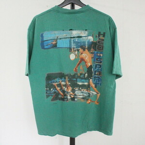 F474 90sビンテージ BugleBoy 半袖プリントTシャツ■1990年代製 約Lサイズ アート グリーン ボロ 襤褸 Boro アメカジ ストリート 古着 激安